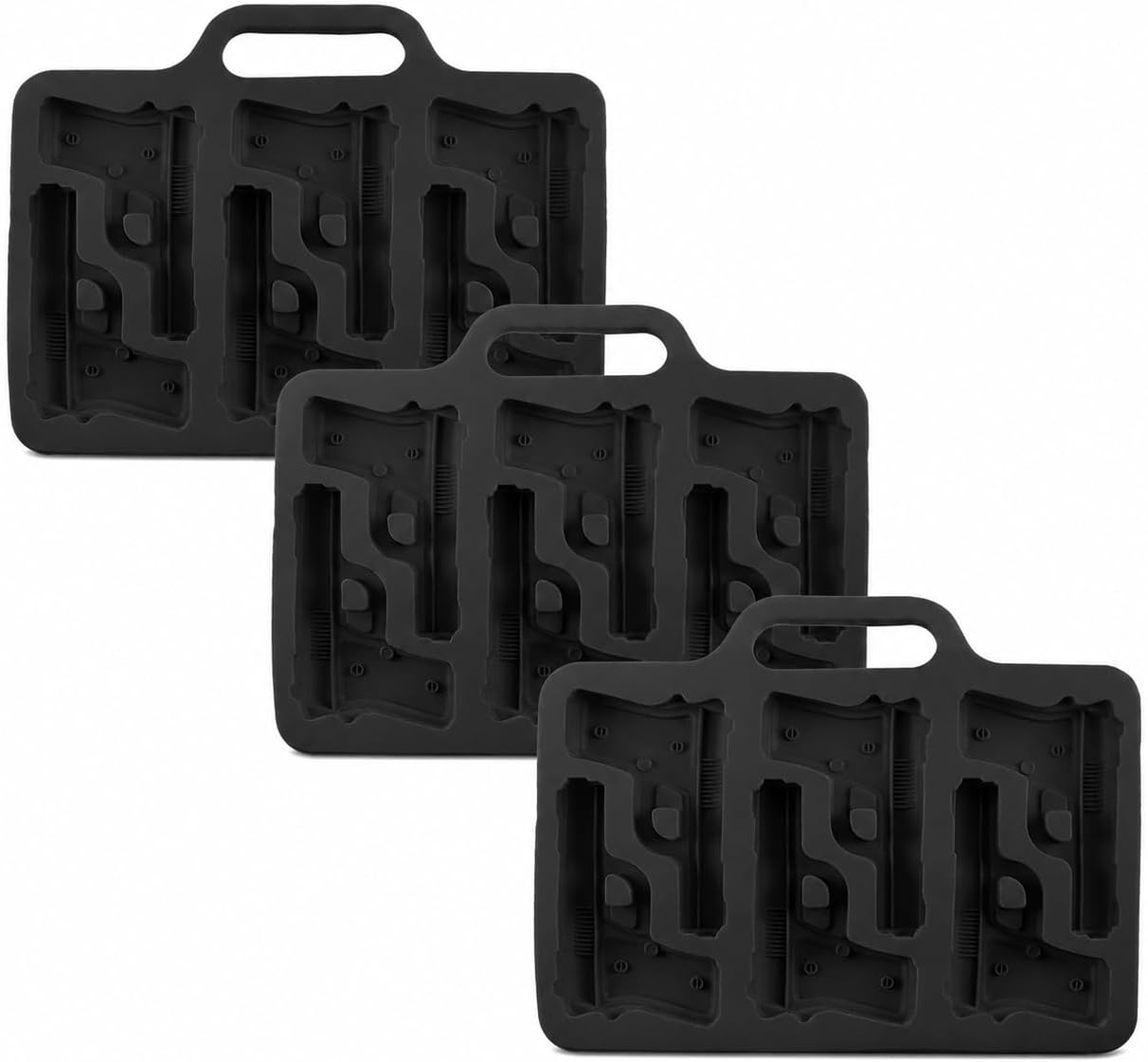 Gun Silicone Mold 3 Pack, Pistol Shaped Mold for Soap, Resin Keychains, Chocolate, Candy and Ice Cubes, 18-Cavity Flexible Black Silicone Tray