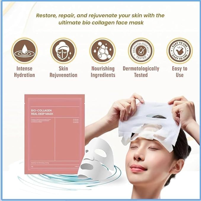 Image of Bio-Collagen Real Deep Sheet Mask for Hydrating and Firming Skin | Face Mask for Glowing Appearance and Pore Care with Hyaluronic Acid and Probiotics | Suitable for All Skin Types, 34g