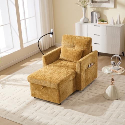 32'' Oversized Lounge Chaise, Sofa Bed with Storage & Side Pocket, Single Chenille Sleeper Couch with Cell Phone Bracket for Living Room, Bedroom, Apartment (Beige)