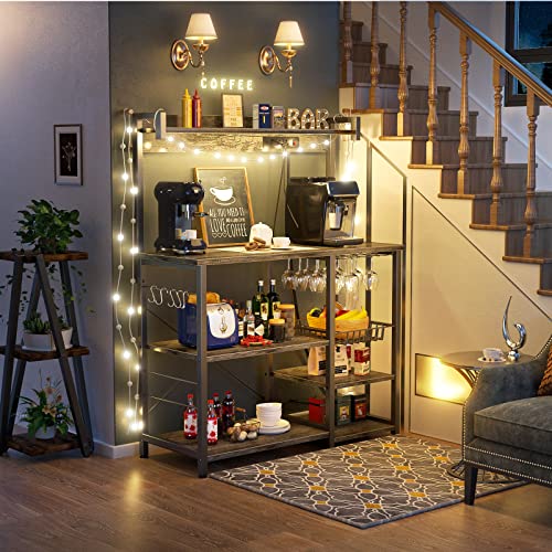 Topfurny Bakers Rack With Power Outlet, Microwave Stand, Kitchen Storage Shelf With Wire Basket, Coffee Bar Station With Wine Glass Holder, 35.4" Kitchen Rack For Spices, Pots, And Pans, Black Oak #TOP5