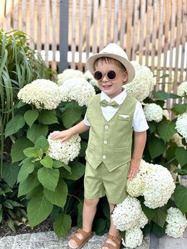 Image of Volunboy Baby Boys Summer Suits Short Sleeve Wedding Ring Bearer Outfits 4Pcs Graduation Dress Vest Shirt Bowtie Shorts Set