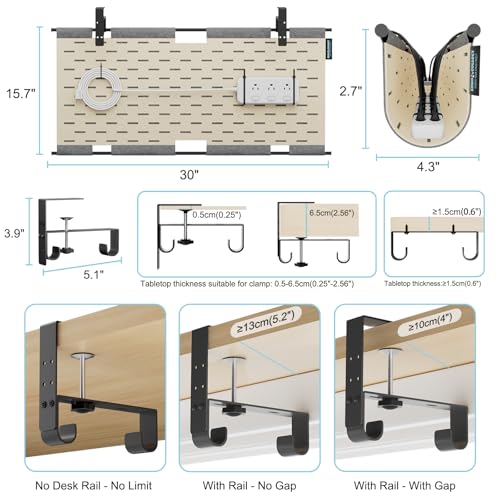 Image of No Drill Under Desk Cable Management Tray,30 inch Felt Cord Organizer for Table | Clamp or Screw Mount, Converts to Privacy Panel, Pegboard Design, Wire Management for Standing Desk & Home Office