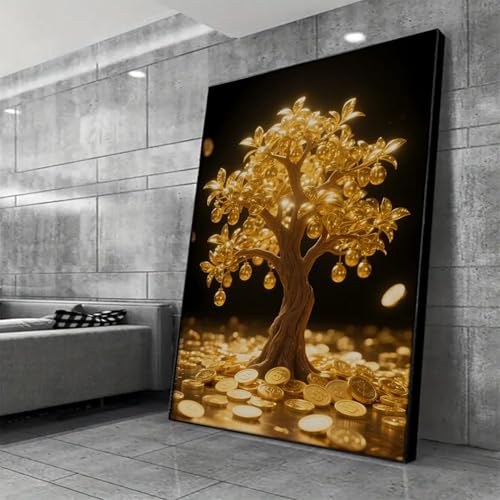 Toile arbre à argent doré abstrait grand format Feng Shui pour mur vide bureau