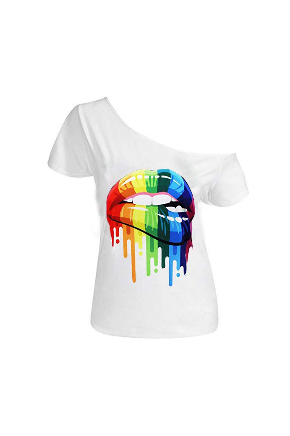 MAGICMKWomen’s Short Lips Print Causal Off The Shoulder Plus Size T-Shirt Tops