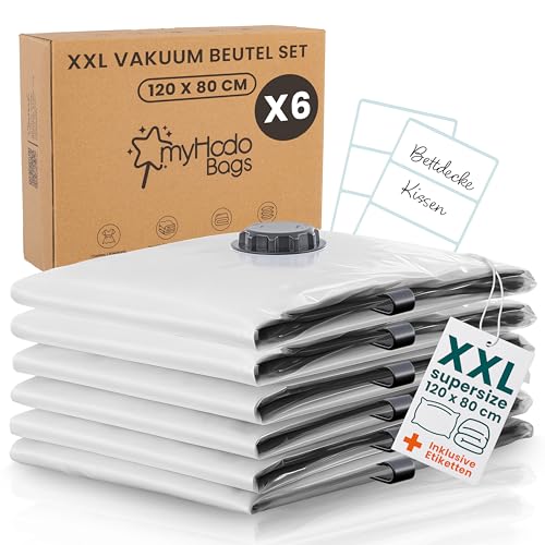 myHodo Vakuumierbeutel Set XXL (6 Stück 80x120 cm) Extra Große Vakuumbeutel für Bettdecken, Praktische Aufbewahrungsbeutel zum Verstauen von Bettwäsche, Vakuum Beutel zur Aufbewahrung von Kleidung