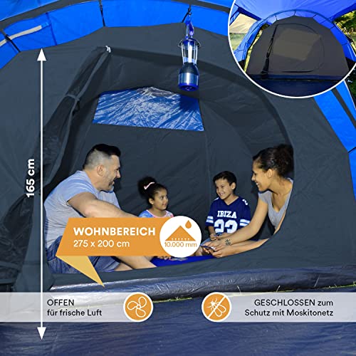 Skandika Kambo Tunnel Family Tent with 3 Entrances, Sun Canopy, 3000 mm Water Column, 4-Person (Blue)