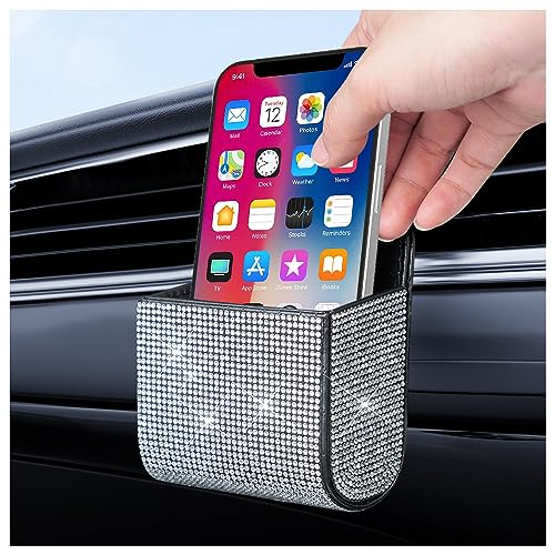 Image of Salior Rhinestone Vent Storage Organizer, Leather Pocket, Bling Accessories for Women or Man, Multipurpose Sunglass and Coin Holder for Car Decorations, Black
