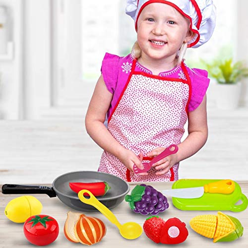 Cut Play Food Kitchen Accessories Set for Kids - Cutting Toy Fruits and Vegetables - Cooking Pot - Toy Knife & Cutting board - Play Utensils - Toddlers, Boys & Girls Fake Food Pretend Playset - Thumbnail 6