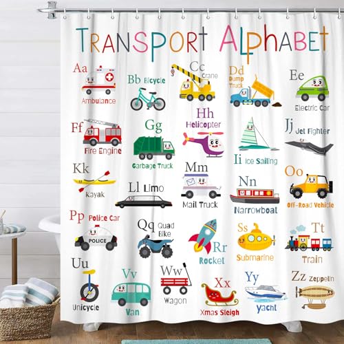 Image of Vehicles Alphabet Shower Curtain for Kids, Kid Excavator Tractor Machinery Trucks, Construction Vehicle Shower Curtain for Boys