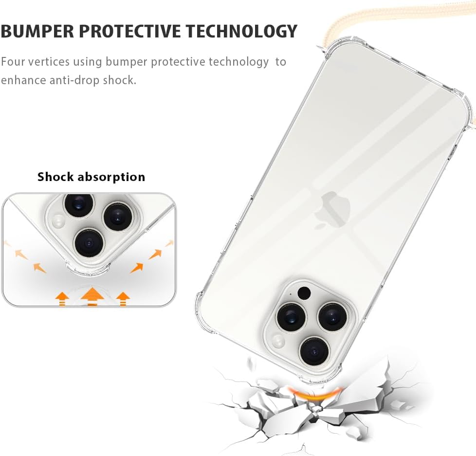 YESPURE Lanyard Case for iPhone 16 Pro Clear Crossbody Phone Case for Women Soft TPU Bumper Protective Case Anti-Yellow Shockproof Case with Adjustable Strap for iPhone 16 Pro - Beige - Image 3