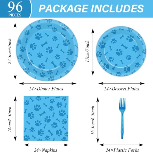 Image of 96pcs Dog Paw Prints Party Plates Napkins Dog Paw and Bone Sign Tableware Puppy Pawty Print Dinnerware Disposable Paper Plates for Kids Boy Girl Lets Pawty Birthday Baby Shower Party supplie 24 Guests