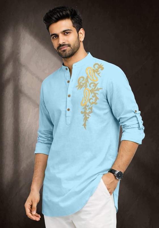 Image of Cotton Blend Self Design Printed Casual Short Kurta for Men Long Sleeve Mandarin Collar Stylish Kurta Shirt for Men