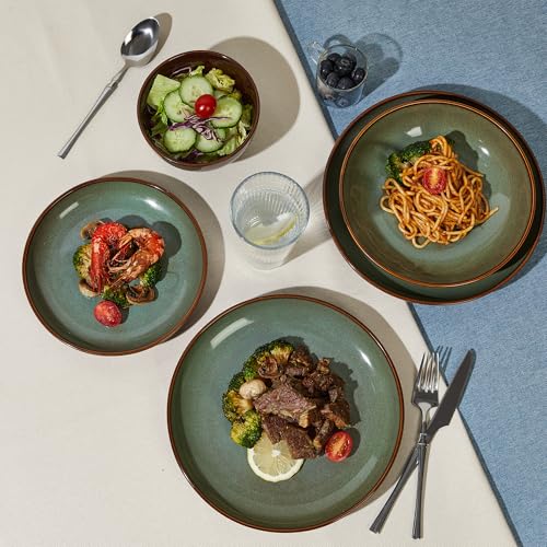 Image of 32 Piece Double Bowl Dinnerware Sets with Pasta Bowls, Highly Chip and Crack Resistant Plates and Bowls Sets, Natural Earthyware Ceramic Dishware Sets, Service for 8 Sage Green