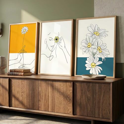 Image of kotart Aesthetic Line Art Home Decoration | Floral Paintings With Frame For Living Room Bed Room Hotel Wall Decor Digital Reprint Set of 3 (20x30 Inch)