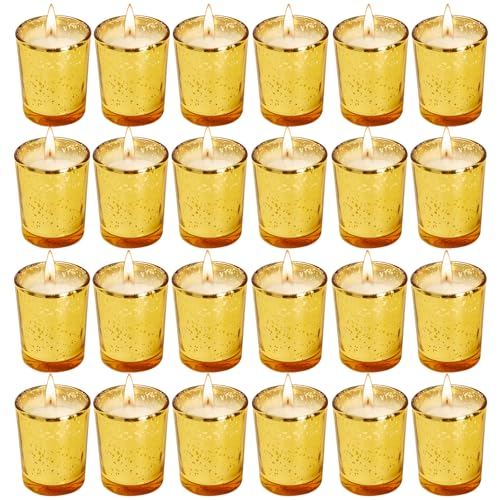 Soft Breeze 24 PCS Speckled Mercury Golden Glass Votive Candle, Unscented Gold Glass Candle, Christmas Decorations Wedding for Table Home Birthday Anniversary Candles,Golden Color
