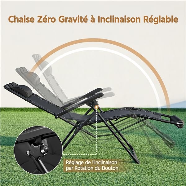 Yaheetech Transat Jardin Exterieur, Inclinable avec Rembourrage Repose Pieds Appuie-tête Amovible, résistant aux intempéries Chaise Longue Pliante Dossier, Salon de Jardin Exterieur (1, Noir)