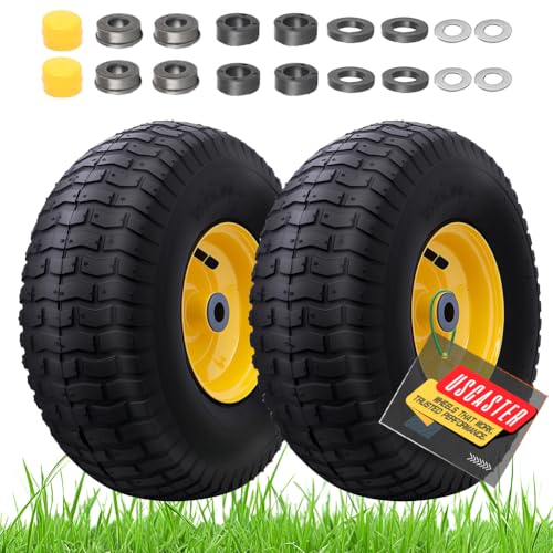 USCaster 15x6.00-6nhs Lawn Mower Tires (2 Pack) Replacement Riding Lawn Mower Front Tires - With 3 Centered Hub and 3/4 Bushings Extra 5/8 Bushings(Yellow)