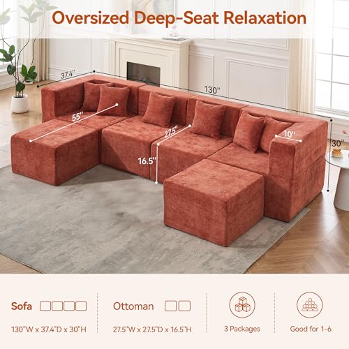 Image of MONVANE Modular Sectional Cloud Couch for Living Room - 130'' 6 Seater Convertible Chenille Couches Set with Ottoman, No Assembly Compression Sofas, Comfy Floor Sofa with Memory Foam, Rust Red