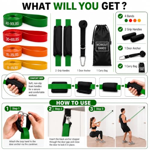 Image of Resistance Bands for Working Out, 5-125LBS Pull Up Assist Bands Set | Equipped with Door Anchor, Carry Bag & Instruction Guide, high elasticity home gym training & physical therapy for men women