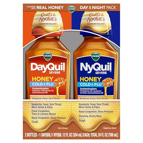 VICKS DayQuil & NyQuil SEVERE Honey Flavor Co-Pack, Cold & Flu Medicine, Relieves Headache, Fever, Sore Throat, Minor Aches & Pains, Nasal Congestion, Sinus Pressure, Stuffy Nose, and Cough, 2x12oz
