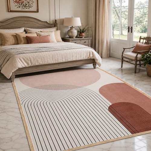 Alfombra cuadrada, diseño geométrico moderno, color rosa, marrón, blanco y negro, 200 x 200 cm, de pelo corto, para dormitorio, salón, decoración, adecuada para calefacción por suelo radiante