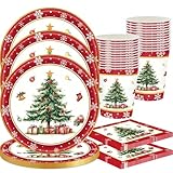 QWEPU 60 piezas de Vajilla Navideña, Reutilizable Juego de vajilla para fiesta navideña con platos de papel para la cena, Servilletas y cubiertos (para 20 personas)