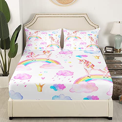 Loussiesd Rainbow Unicorn Sheet Set Double Kids Girls Bed Set Cartoon Horse Print Pattern Bed Sheets Set Sweet Beautiful Sheets With 2 Pillow Case Deep Pocket Fitted Sheet - Image 4