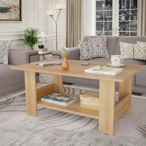 Image of Spyder Craft Modern Coffee Table with Open Storage Shelf - Minimalist Rectangular Center Table for Living Room, Office, and Lounge - Durable Engineered Wood, Easy Assembly (Oak) (Assembly -DIY)