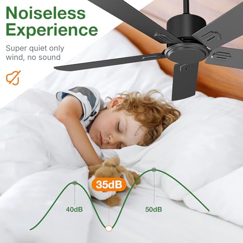 Image of Obabala Black Ceiling Fan No Light, 52 in Outdoor Flush Mount Ceiling Fans with Remote Control without Light, 5 Blades, 6 Speed Reversible DC Motor Modern for Patios, Garage, Bedroom, Porch