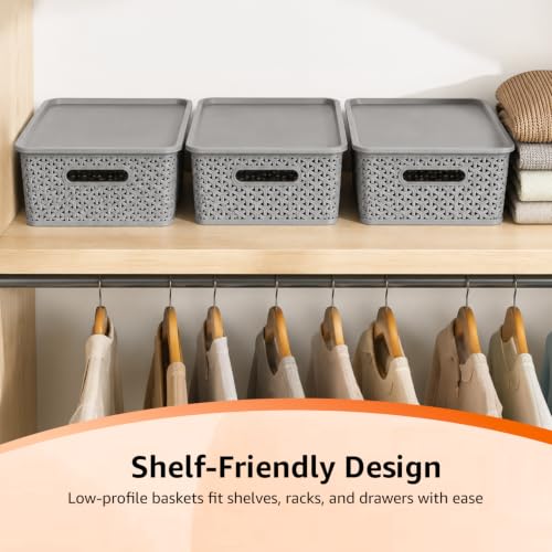 Image of Amazon Basics Set of 3 Plastic Storage Baskets with Lid - Stackable Organiser for Wardrobe, Kitchen, Clothes, Toys, Books, Office, Stationery - Multipurpose (Medium, 36x30x13 cm | Grey, Rectangular