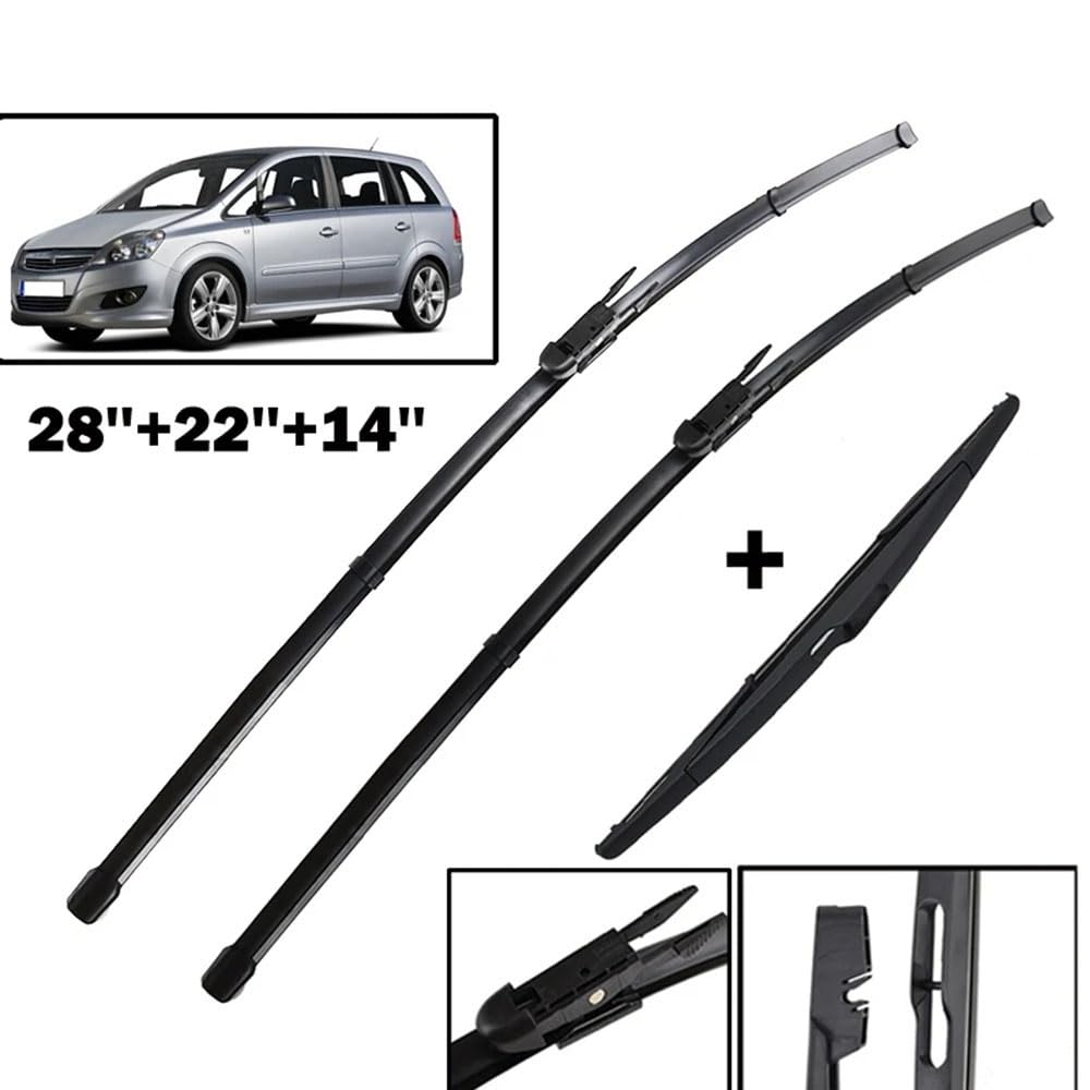 Zestaw wycieraczek do wycieraczek przedniej tylnej do Vauxhall Opel Zafira B 2005-2011, Wycieraczki do okien Gumowe czyszczenie 28"22"14"