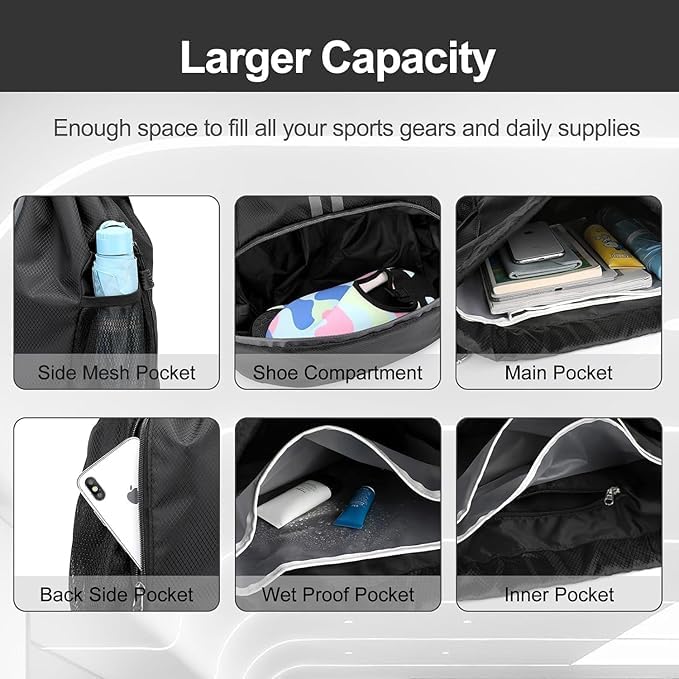 Image of Basketball Drawstring Bag with Shoe Compartment - Large Capacity Fitness Backpack for Gym, Football, Outdoor Sports - Water-Resistant Fabric, Black