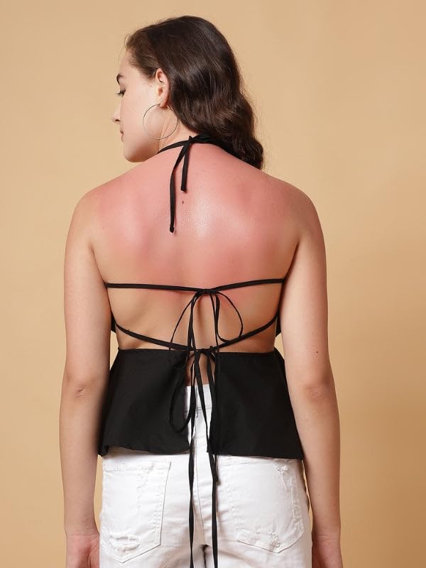 Image of Women's Poplin Ruffled Halter Neck Crop Top | Lightweight Summer Sleeveless Top