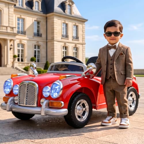 Image of Toyzone Vintage Electric Ride on Car TZ-128 (Red) | Frequency 2.4 Ghz |Lights and Music | Seat Belt for Safety |Perfect Tyre Grip | Make in India | Indoor and Outdoor Toy