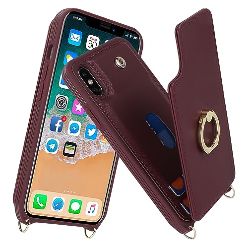 Image of for iPhone X /XS Case with Card Holder and Strap for Women,Crossbody Lanyard,Kickstand Ring Stand,Snap Clasp,Phone Wallet Cases 5.8 inch(Wine Red)