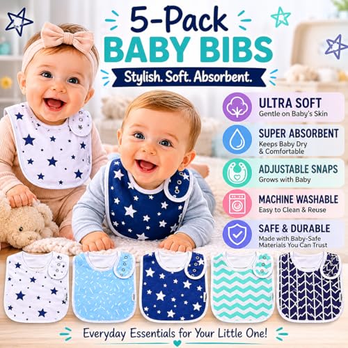 Image of KiddyStar Baby Bibs | Multi-Pack Organic Cotton Bandana Drool Bibs, Soft Absorbent Adjustable Bibs for Boys & Girls