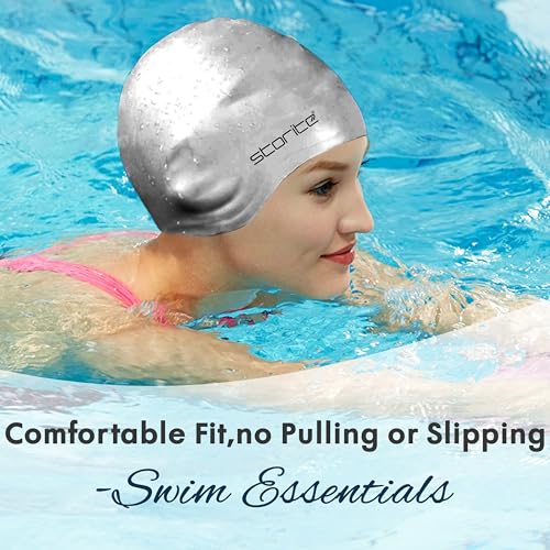 Image of Storite Silicone Swimming Cap for Men & Women (Grey) | Waterproof, For Long Hair Adults, Stretchable Anti-Slip, Pool Cap Professional Swimming Hat