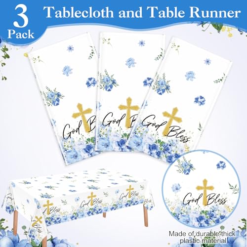 Image of Ganeen 3 Pcs Baptism Tablecloth First Holy Communion Tablecloth Blue Boy God Bless Disposable Plastic Waterproof Cross Table Covers for Christening Baby Shower Religious Decor, 54 x 108 Inch