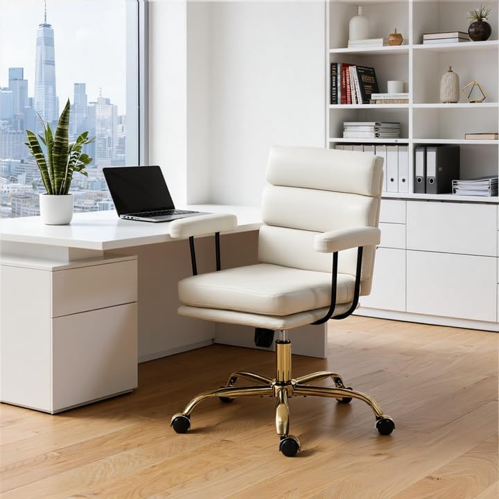 Miniatura 2 de Silla de oficina de cuero con ruedas, silla giratoria ergonómica con ruedas, asiento y reposabrazos acolchados, silla de escritorio para el hogar de