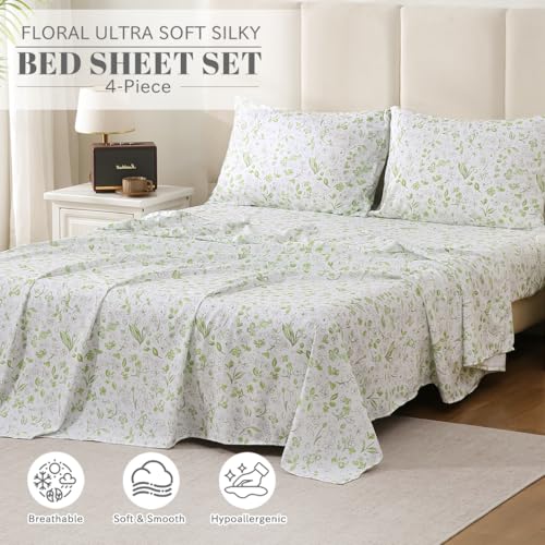 Bedlifes King Sheet Set Ultra Soft, Breathable, Silky Flower Deep Pocket 100% Microfiber Bedding, 4 Piece King Size Green Floral