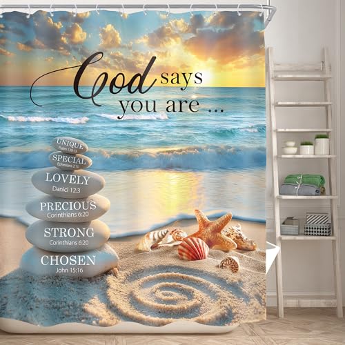 KOMLLEX Beach Christian Shower Curtain 60Wx72H Ocean Bathroom Decor Hawaiian Coastal Bible Verse Sea Waves Stone Scripture Starfish Shell Motivational Quotes Fabric Waterproof Polyester 12 Pack Hooks - Image 3
