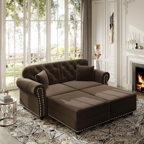 Image of KEIKI 63 inch Velvet Chesterfield Sofa with Rolled Arms & Nailhead Trim & 2 Ottoman, Modern 2-Seater Button Tufted Couch with High Resilience Cushion & 2 Pillow, Easy Assembly, for Living Room, Brown