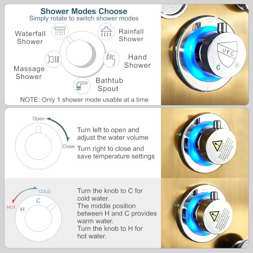 Image of ELLO&ALLO LED Stainless Steel Bathroom Shower Panel Tower System, Rainfall Waterfall Shower Head Rain Massage System with Body Jets, Brushed Gold
