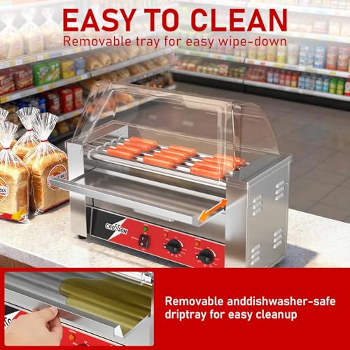 CROSSON Hot Dog Roller 5 Rollers 12 Hot Dogs Capacity,950W Stainless Steel Hot Dog Grill Cooker Machine with Bun Warmer&Cover for Party Home Commercial