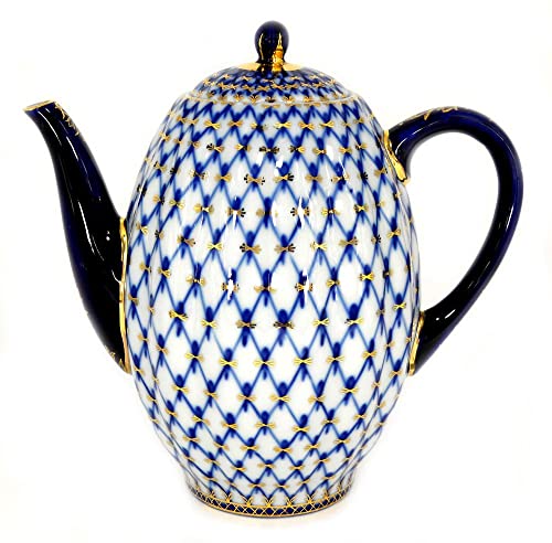 Lomonosov Porcelain 22 Karat Gold Cobalt Net Coffee Pot 8 Cups 40 oz/1200 ml