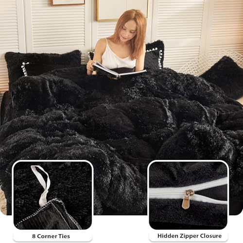 Image of LIFEREVO Luxury Plush Shaggy Duvet Cover Set, Ultra Soft Fluffy Furry Duvet Cover Set(1 Faux Fur Fuzzy Comforter Cover + 2 Pom Poms Velvet Pillow Cases) Solid Bedding Set, Zipper Closure(King, Black)