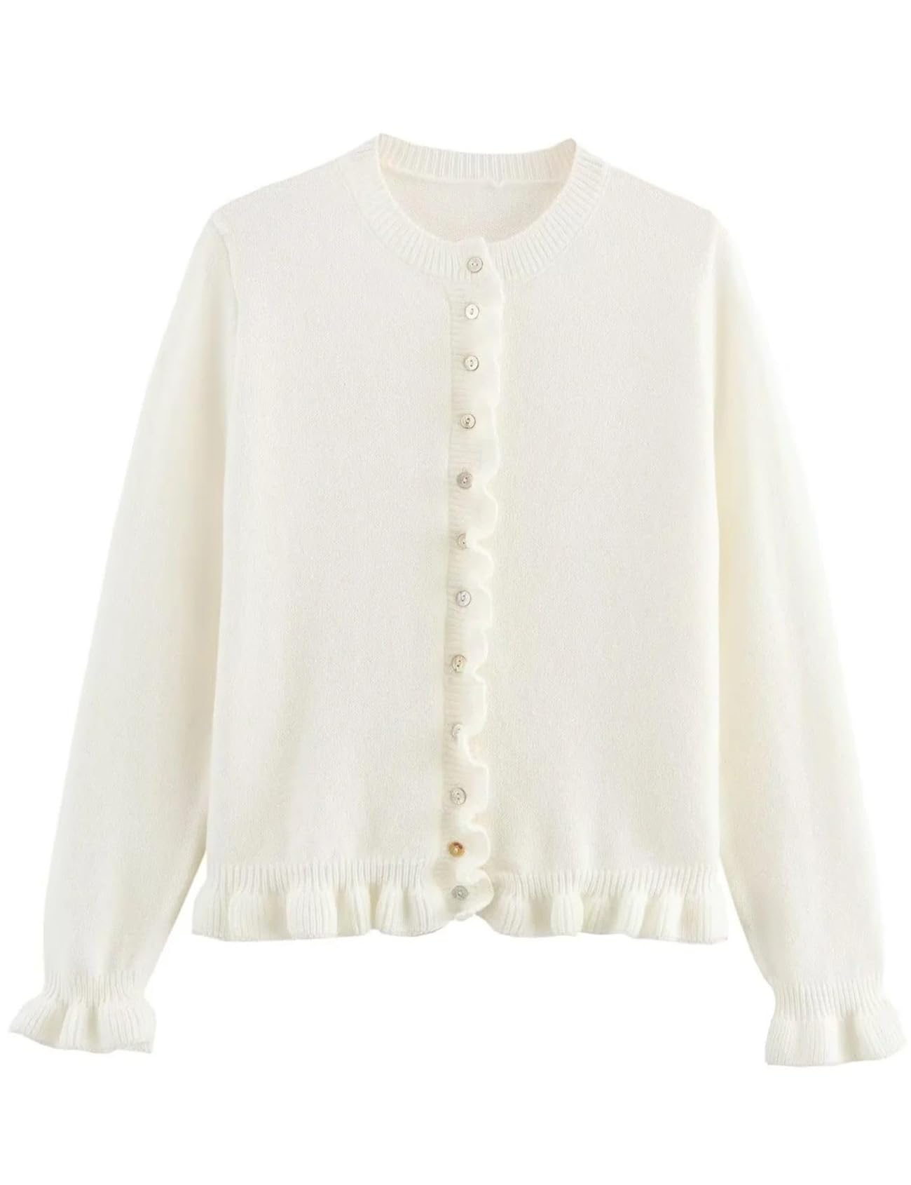 Wyeysyt Cropped-Strickjacke für Damen, Rüschensaum, Rundhalsausschnitt, Knopfleiste, Strickpullover, langärmelig, weiche Strickjacke
