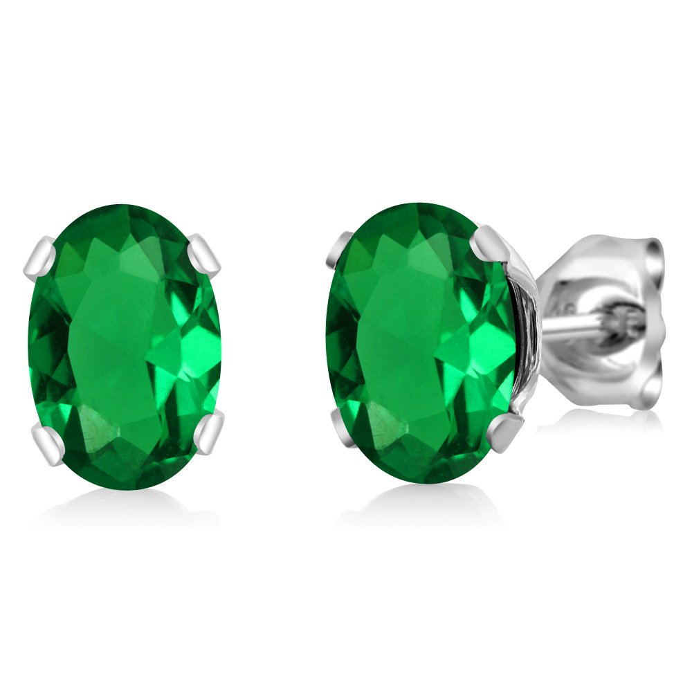 Gem Stone King 925 Sterling Silver Simulated Emerald Stud Earrings For Women (2.40 Cttw, Oval Cut 7X5MM)