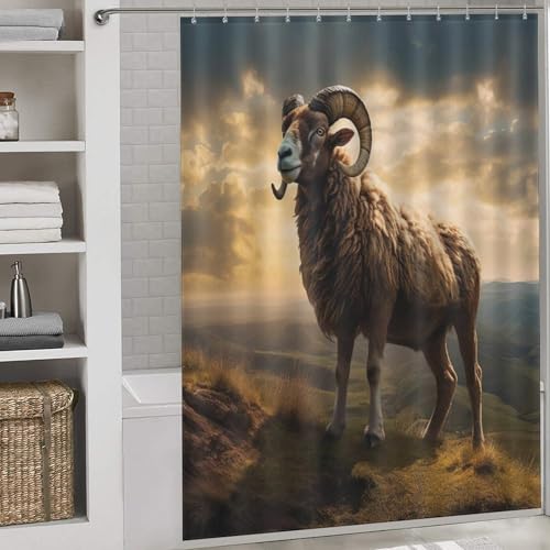 Rideau de douche chèvre en polyester imperméable 168x183cm lavable en machine avec 12 crochets