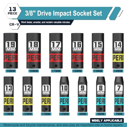 Image of 13 Piece 3 /8 inch Drive Impact Socket Set, 7 mm-19 mm Deep Socket, Metric, 6 Point, Automotive Motorcycle and Bicycle Maintenance, Machinery Manufacturing